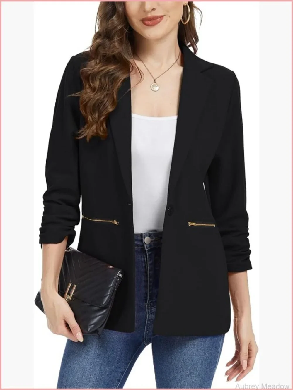 Women's 3/4 Sleeve Blazer with Zipper Pockets - Casual Work Jacket